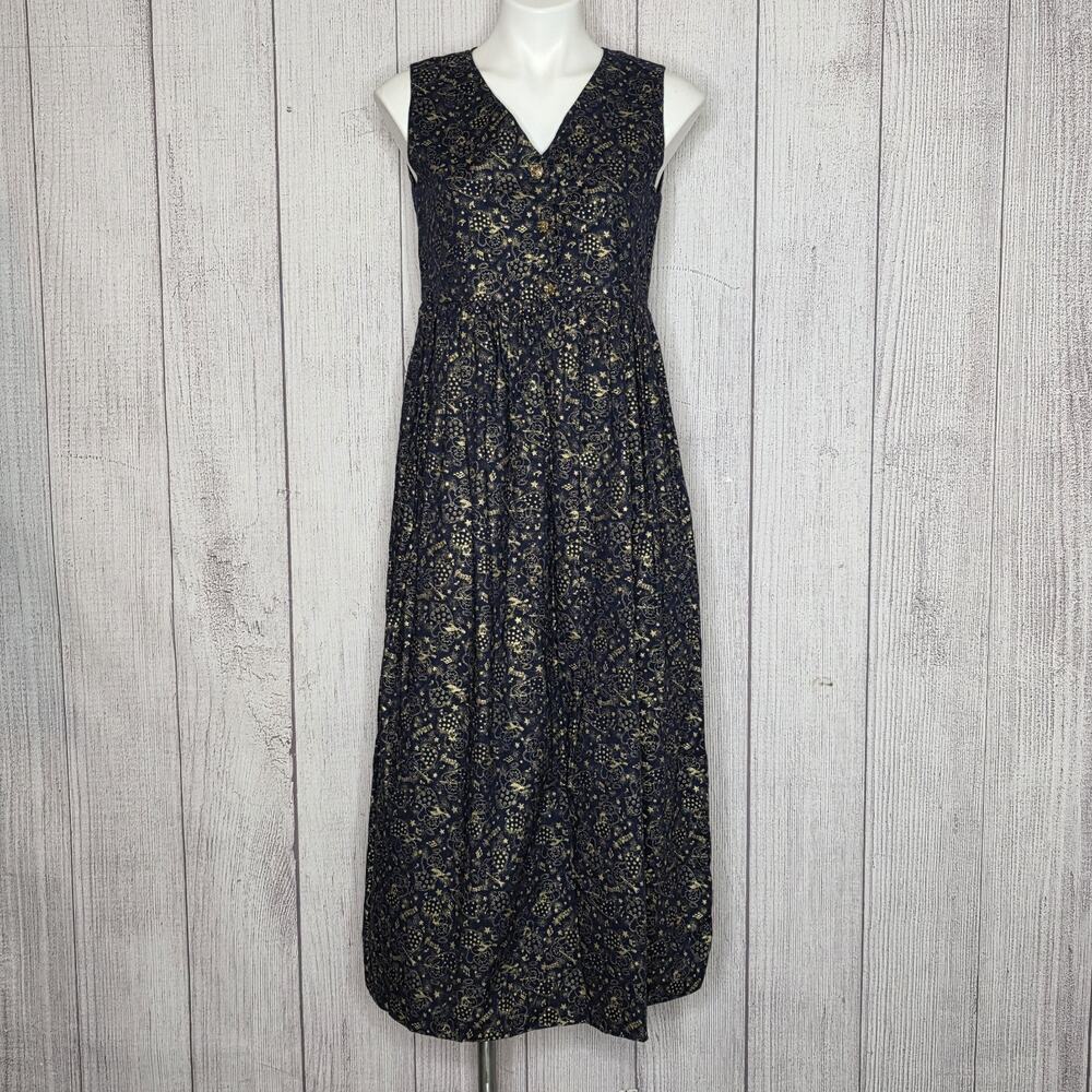 Vintage Handmade Angel Print Jumper Dress Blue Gold Maxi Cottagecore Folk Art - Picture 1 of 5